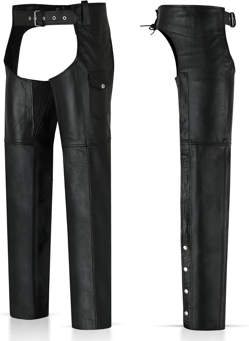 DALLX Black Leather Chaps for Men’s Motorcycle Bikers Cow Skin Full Grain Heavy Duty Leather Chaps - Image 1